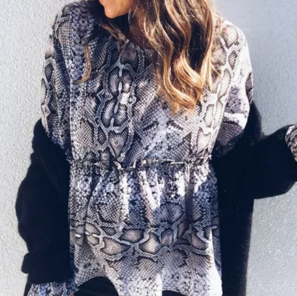 Snakeskin Printed Tops Long-sleeved Tunic A-Line